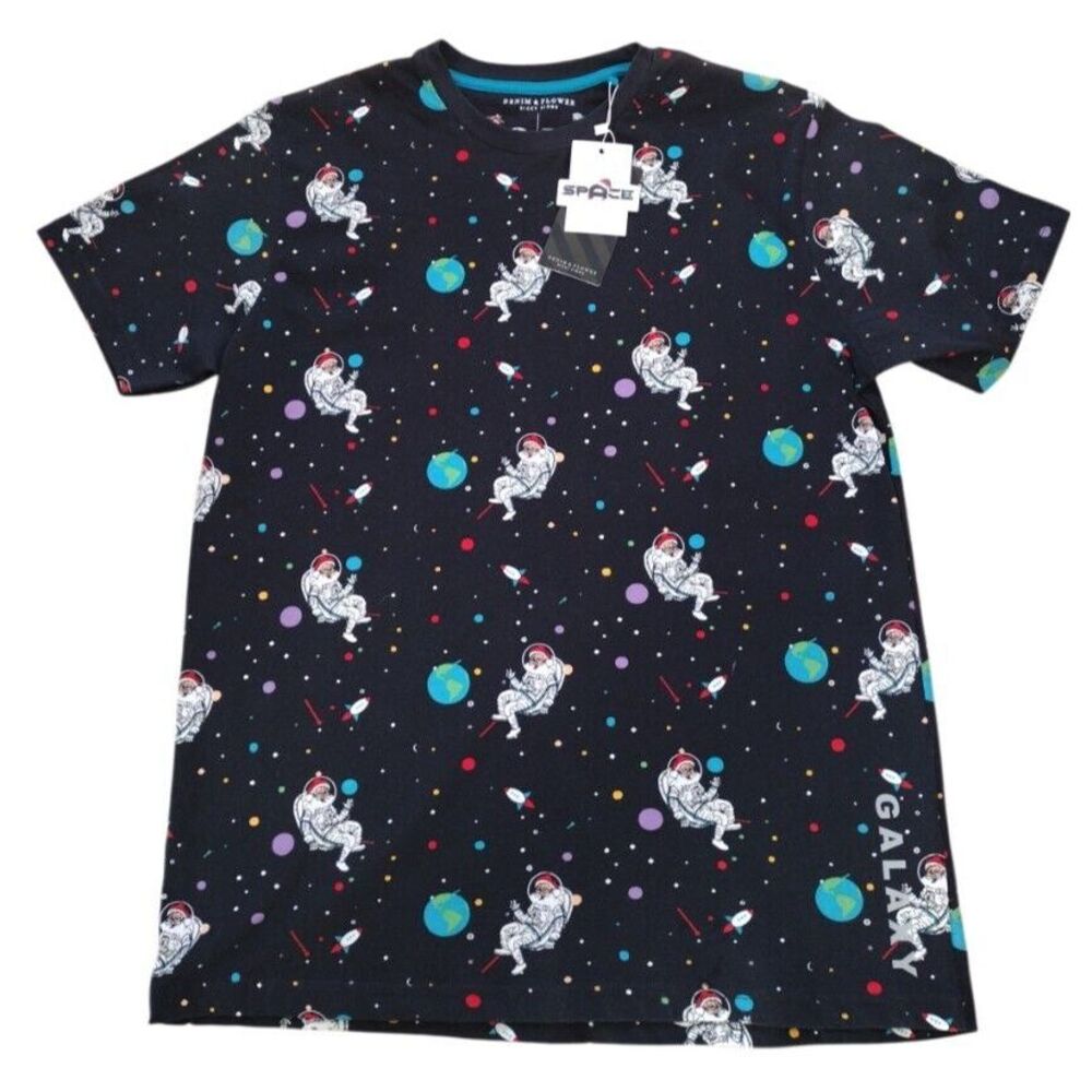 Denim & Flower T-Shirt Men Medium Black Short Sleeve Space Santa Astronaut AOP